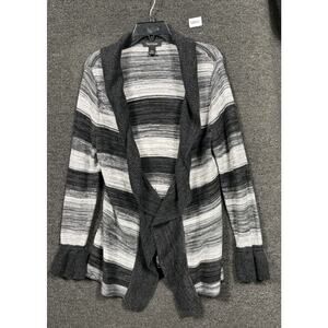 White House Black Market Cardigan Sweater Gray Variegated Ruffle Striped Size M